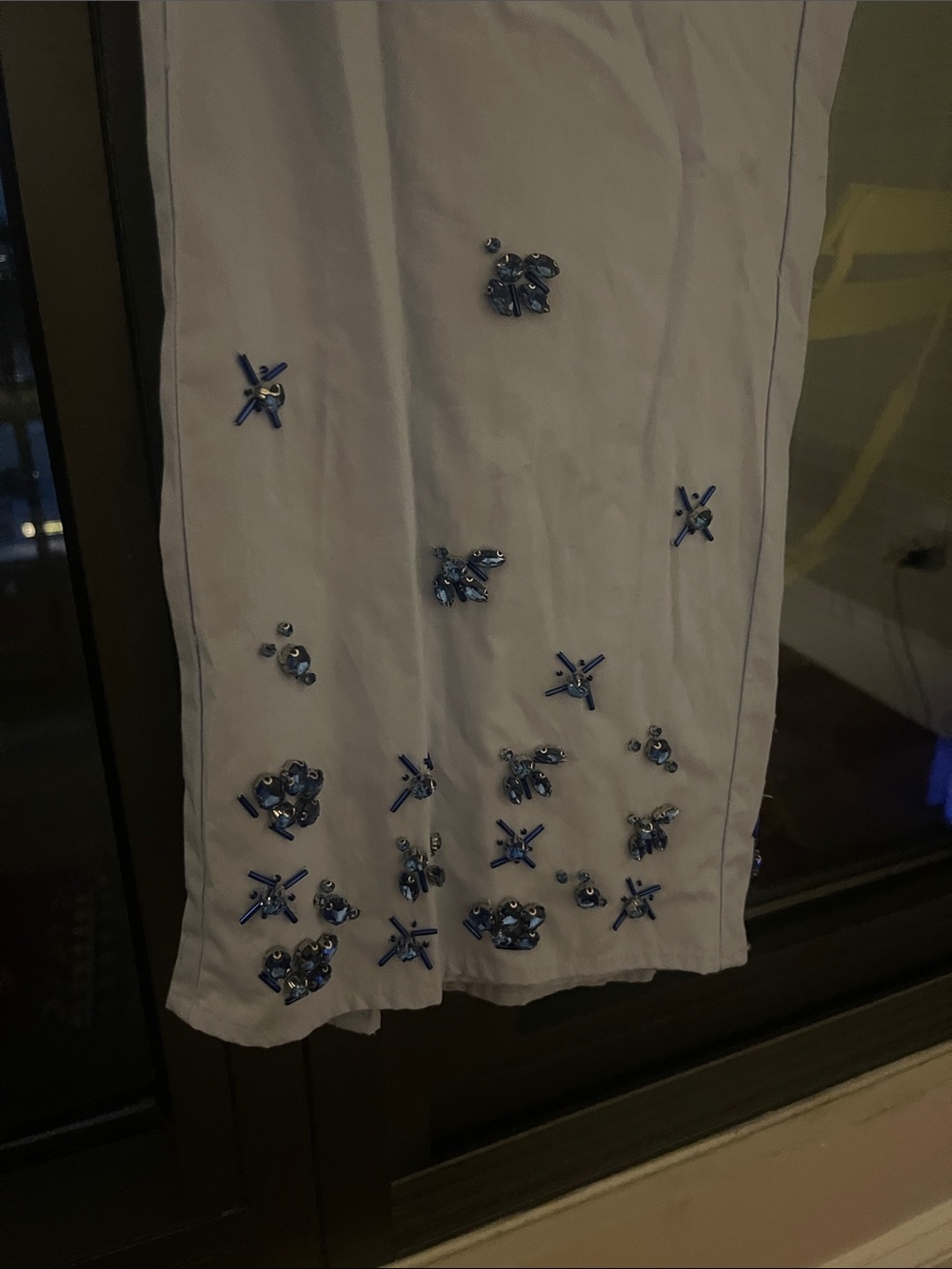 Zara White Ankle Cropped Pants with Blue Beaded Embellishments